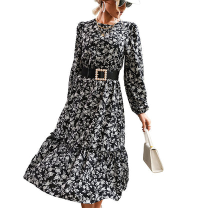 Floral A-Line Midi Dress with Long Sleeves and Tiered Hem