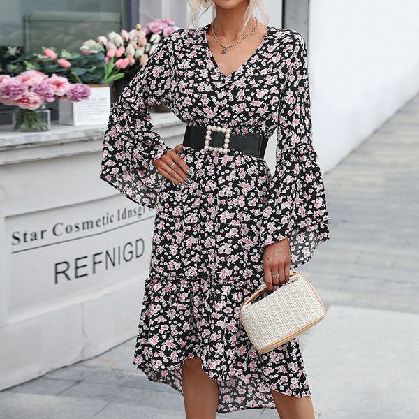 Floral V-Neck Midi Dress with Horn Sleeves and High-Low Hem