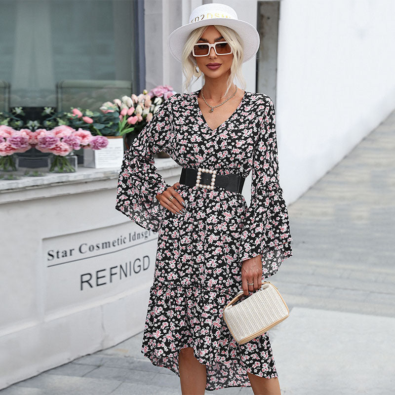 Floral V-Neck Midi Dress with Horn Sleeves and High-Low Hem