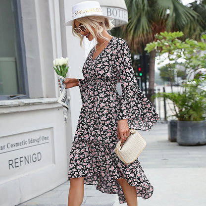 Floral V-Neck Midi Dress with Horn Sleeves and High-Low Hem
