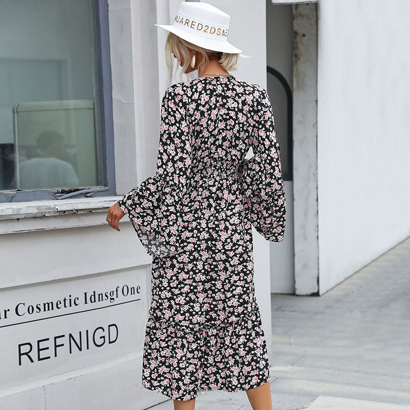 Floral V-Neck Midi Dress with Horn Sleeves and High-Low Hem