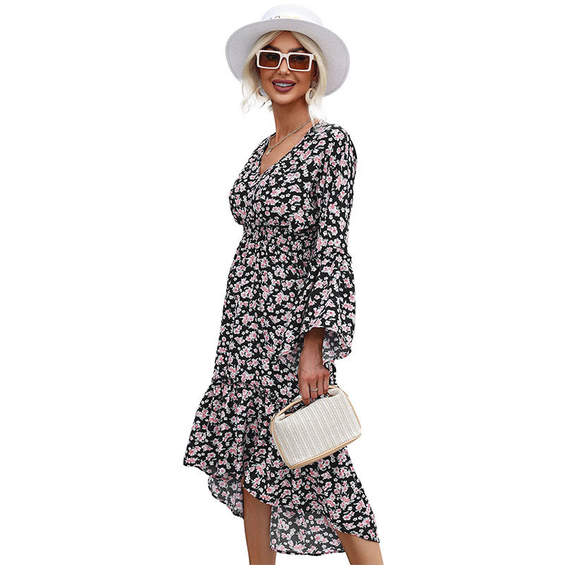 Floral V-Neck Midi Dress with Horn Sleeves and High-Low Hem