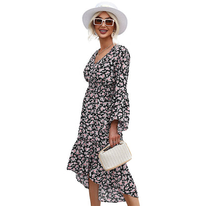Floral V-Neck Midi Dress with Horn Sleeves and High-Low Hem