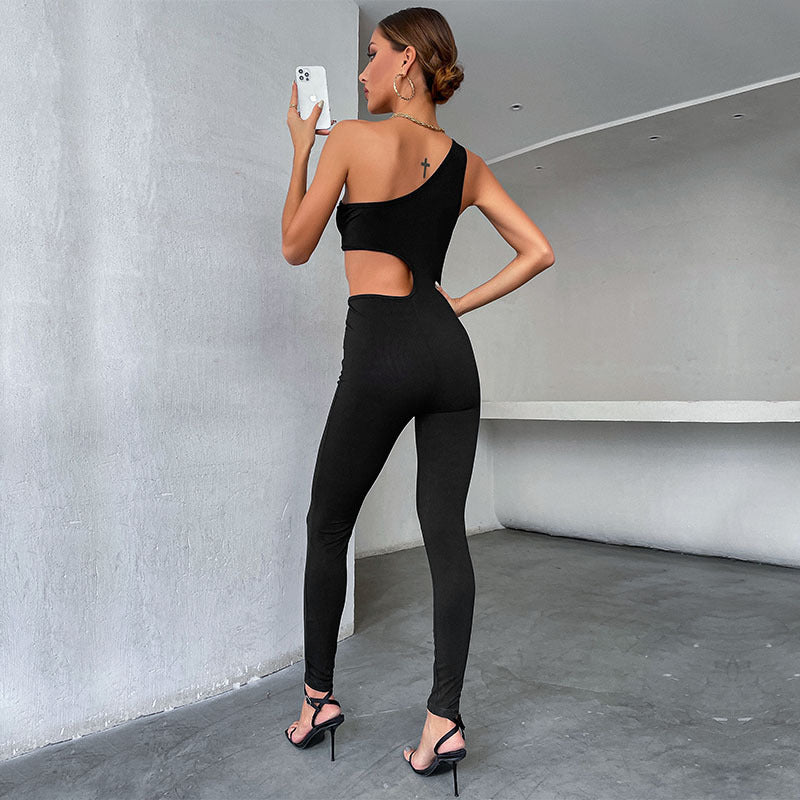 Bodycon Jumpsuit with One-Shoulder and Side Cutout