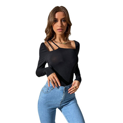 Ribbed Long-Sleeve Bodysuit with Asymmetrical Cutout Shoulder
