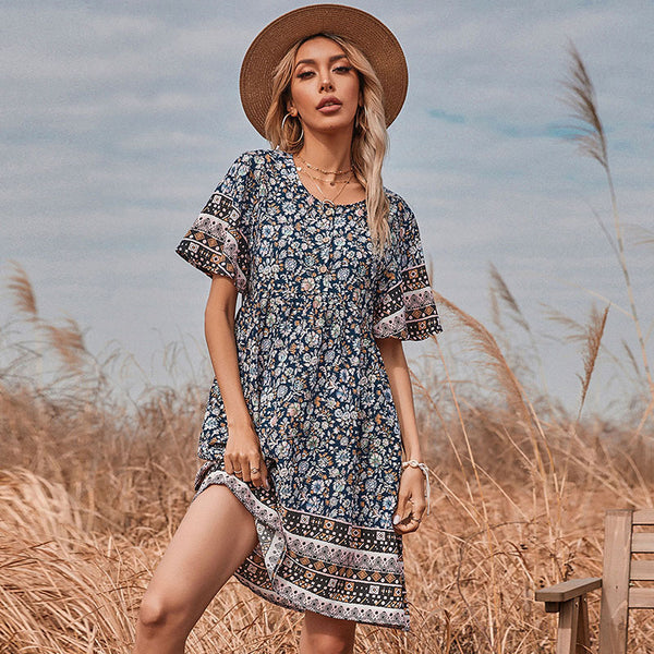 Floral A-Line Mini Dress with Crewneck and Short Sleeves