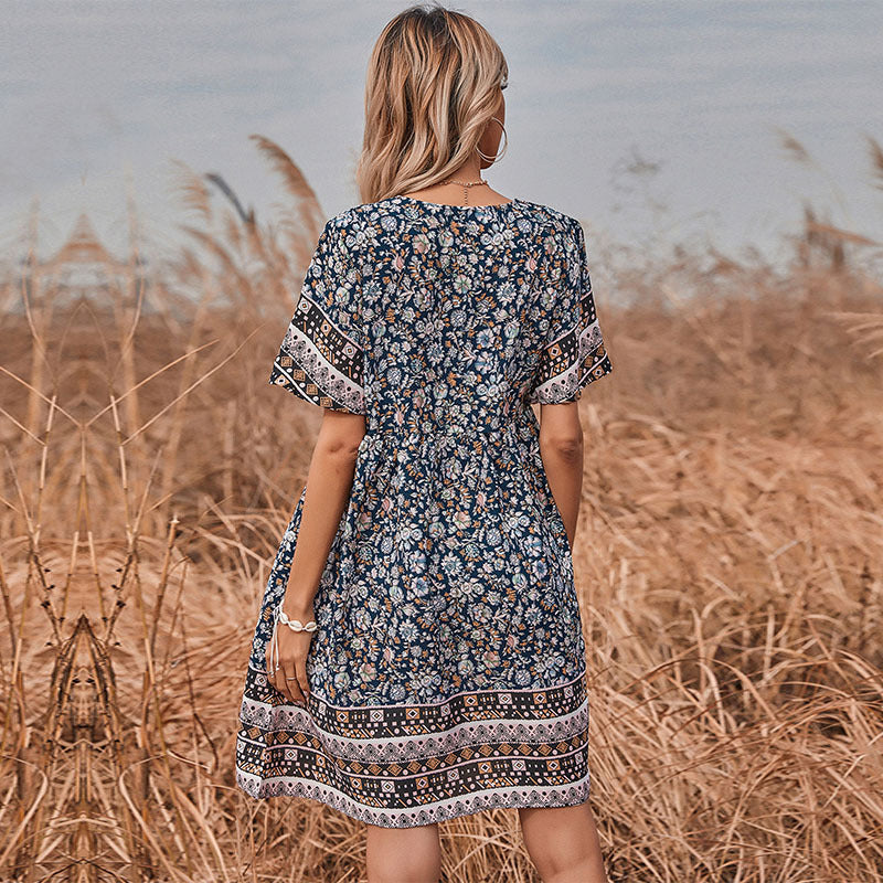 Floral A-Line Mini Dress with Crewneck and Short Sleeves