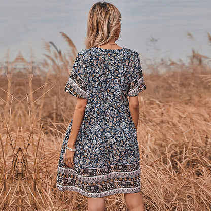Floral A-Line Mini Dress with Crewneck and Short Sleeves