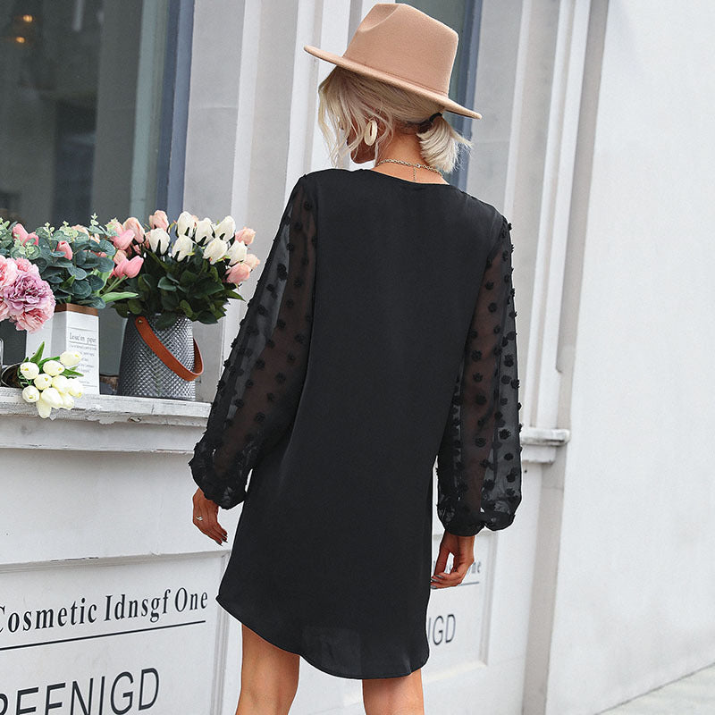A-Line Mini Dress with V-Neck and Swiss Dot Mesh Sleeves