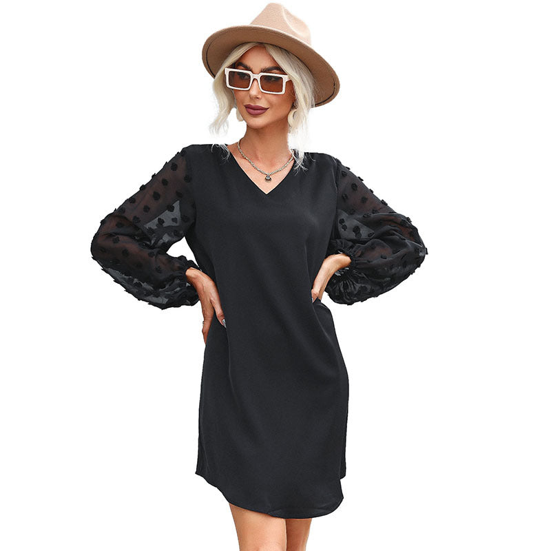 A-Line Mini Dress with V-Neck and Swiss Dot Mesh Sleeves