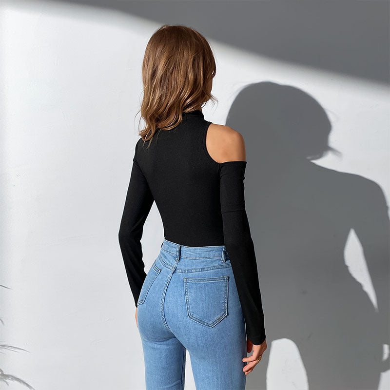 Mock Neck Long-Sleeve Bodysuit with Asymmetrical Cutout
