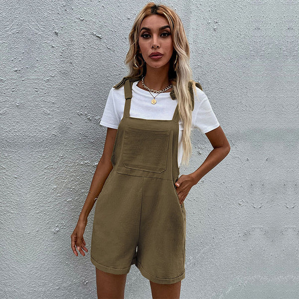 Loose Cotton-Linen Bib Short Overalls with Tie-Up Straps