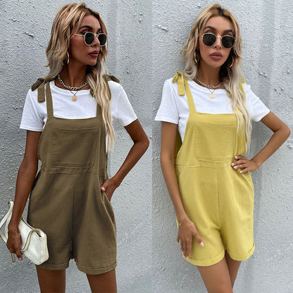 Loose Cotton-Linen Bib Short Overalls with Tie-Up Straps