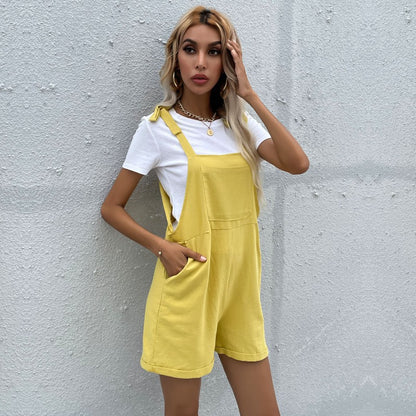 Loose Cotton-Linen Bib Short Overalls with Tie-Up Straps