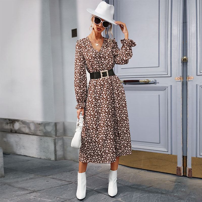Floral A-Line Midi Dress with V-Neck and Front Slit