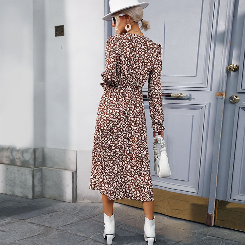 Floral A-Line Midi Dress with V-Neck and Front Slit