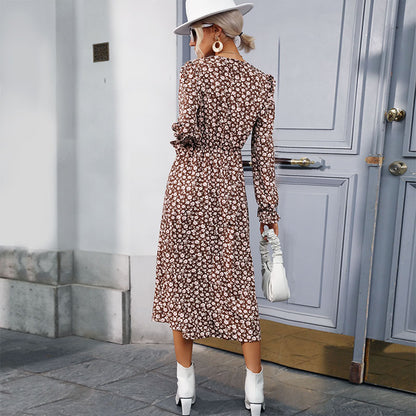 Floral A-Line Midi Dress with V-Neck and Front Slit