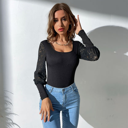 Bodycon Square Neck Bodysuit with Lace Puff Sleeves