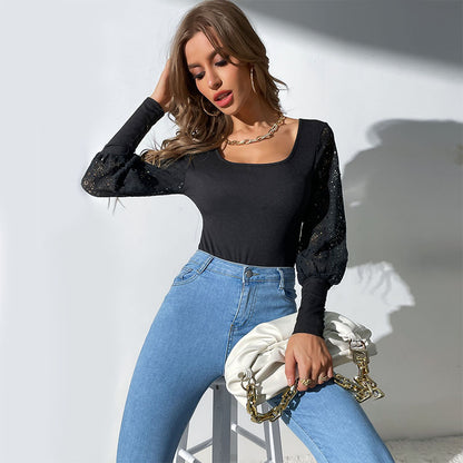 Bodycon Square Neck Bodysuit with Lace Puff Sleeves