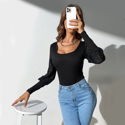 Bodycon Square Neck Bodysuit with Lace Puff Sleeves