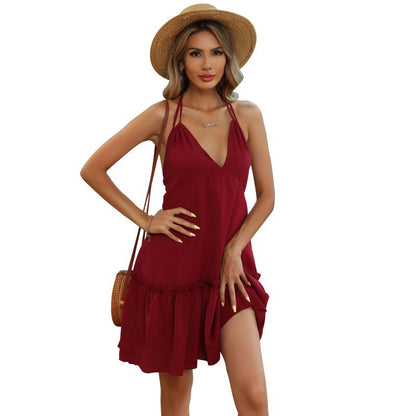 Solid A-Line Mini Dress with V-Neck and Ruffle Hem