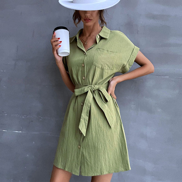A-Line Cotton-Linen Shirt Dress with Tie-Waist