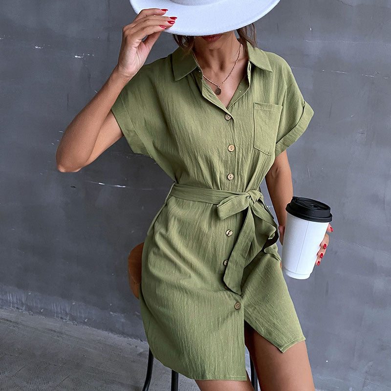 A-Line Cotton-Linen Shirt Dress with Tie-Waist