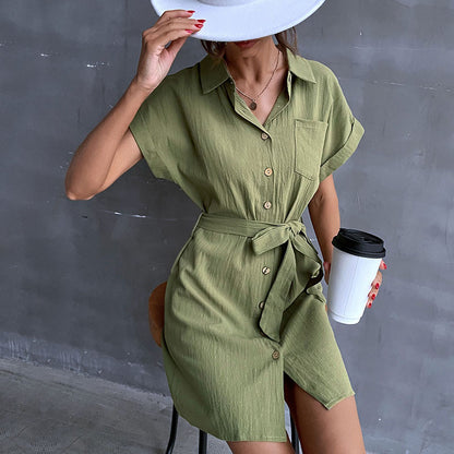 A-Line Cotton-Linen Shirt Dress with Tie-Waist