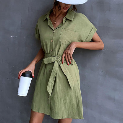 A-Line Cotton-Linen Shirt Dress with Tie-Waist