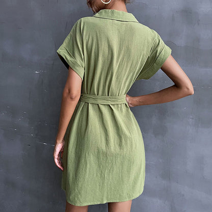 A-Line Cotton-Linen Shirt Dress with Tie-Waist