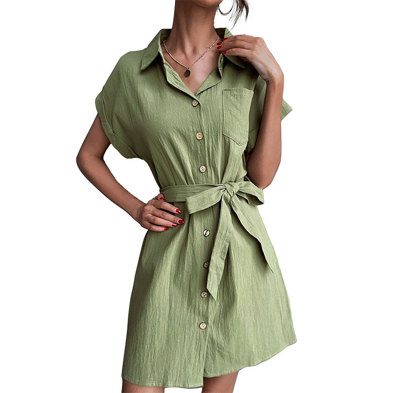 A-Line Cotton-Linen Shirt Dress with Tie-Waist