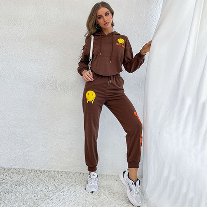Graphic Print Two-Piece Jogger Set with Cropped Hoodie