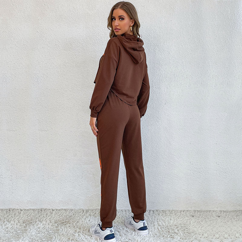 Graphic Print Two-Piece Jogger Set with Cropped Hoodie