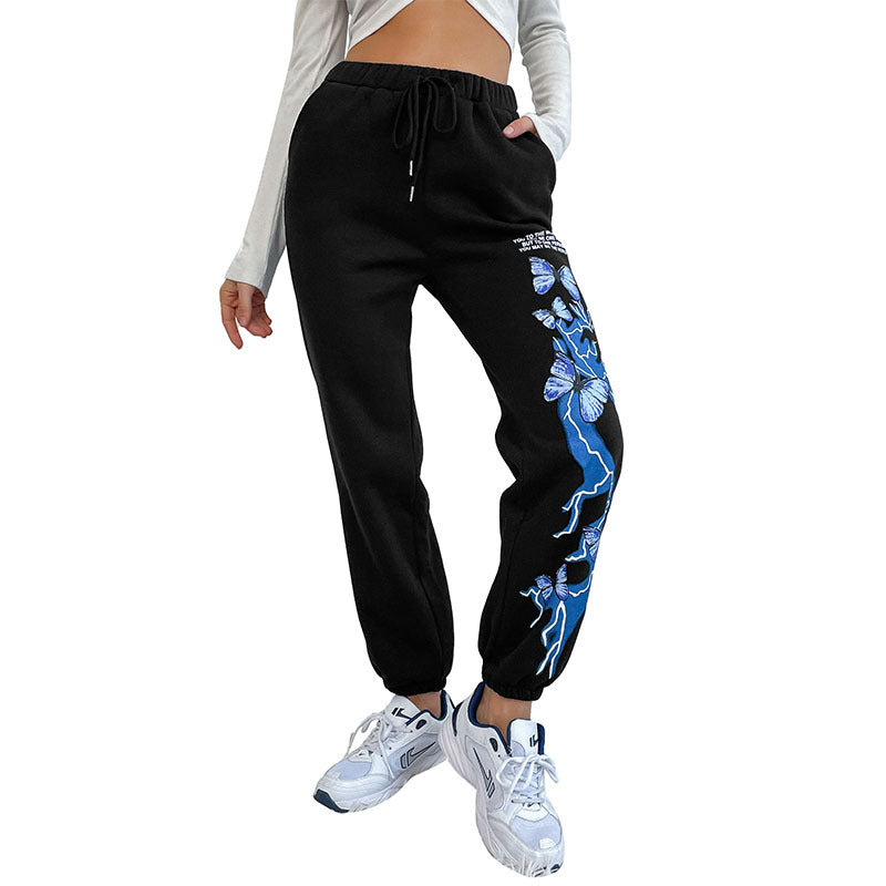 Butterfly Print High-Waist Sweatpants with Pockets