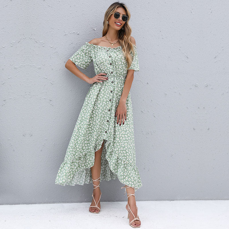 Floral Off-the-Shoulder Dress with High-Low Ruffle Hem