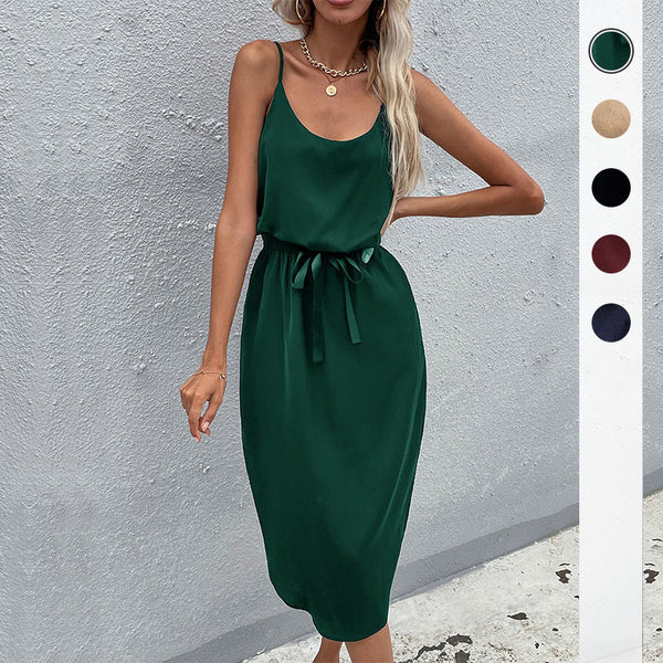 Solid A-Line Midi Dress with Spaghetti Straps and Waist Tie
