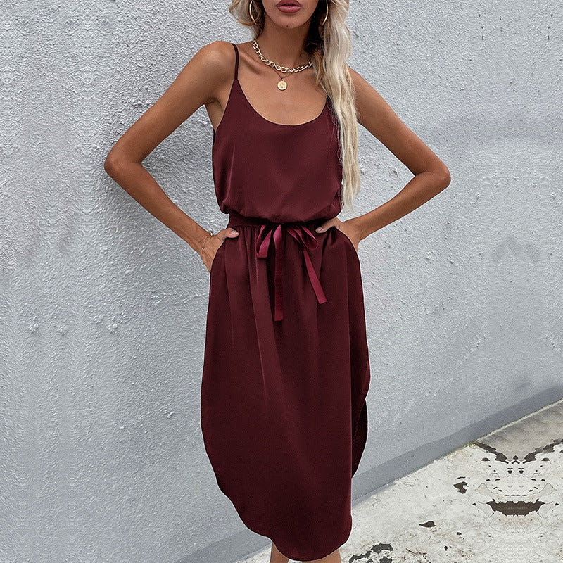 Solid A-Line Midi Dress with Spaghetti Straps and Waist Tie