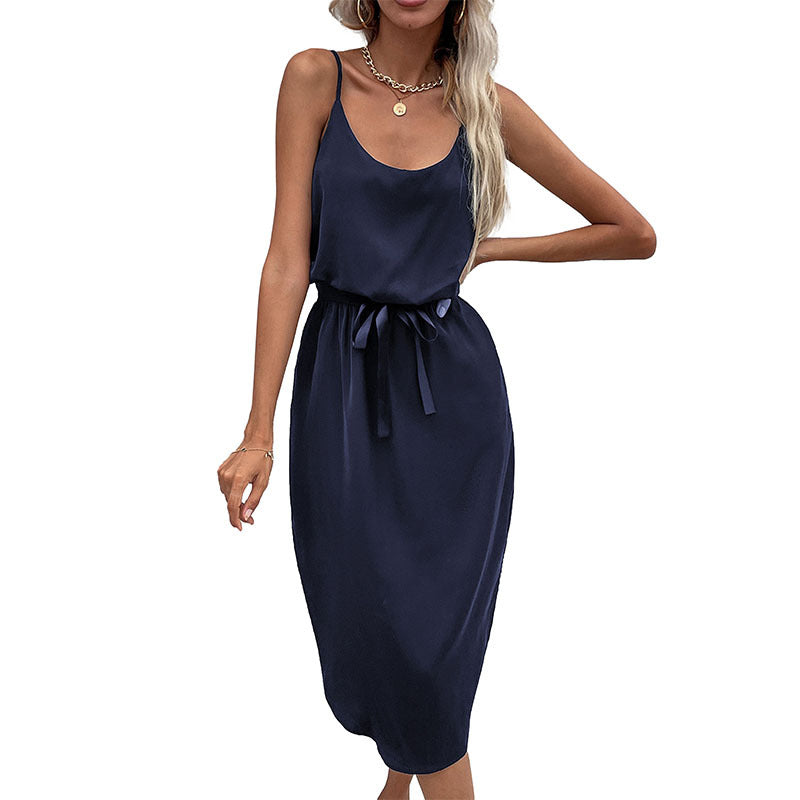 Solid A-Line Midi Dress with Spaghetti Straps and Waist Tie