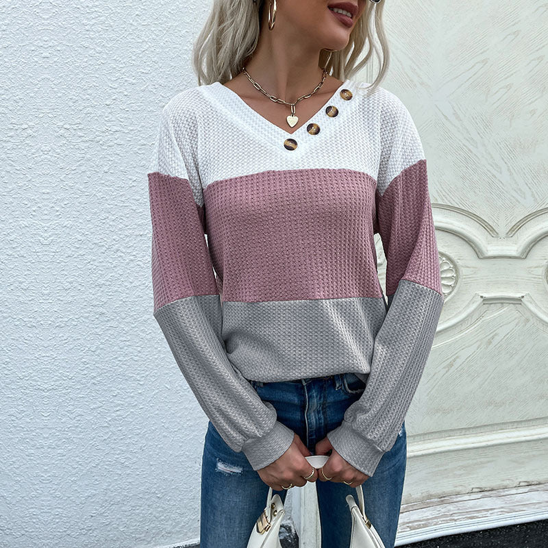 Color-Blocked Waffle Knit Pullover with Buttoned V-Neck