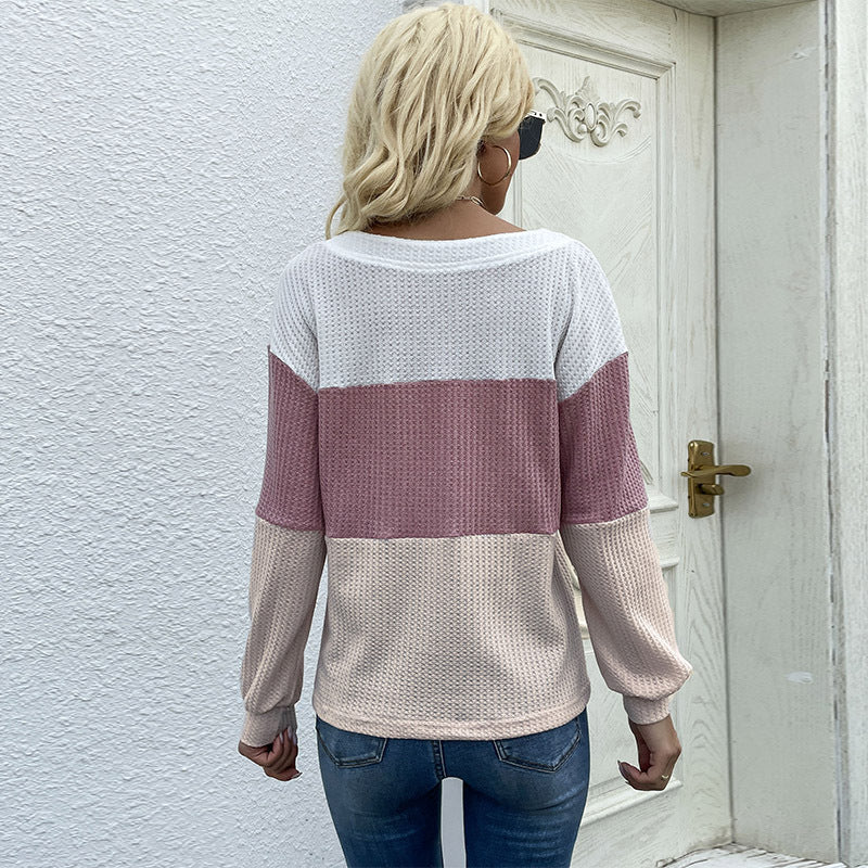 Color-Blocked Waffle Knit Pullover with Buttoned V-Neck