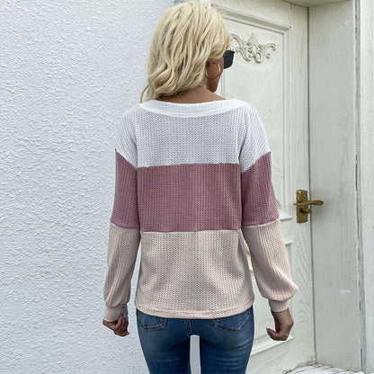 Color-Blocked Waffle Knit Pullover with Buttoned V-Neck