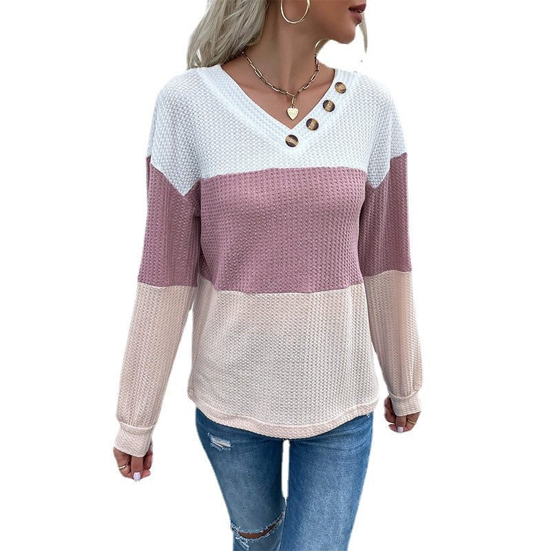 Color-Blocked Waffle Knit Pullover with Buttoned V-Neck