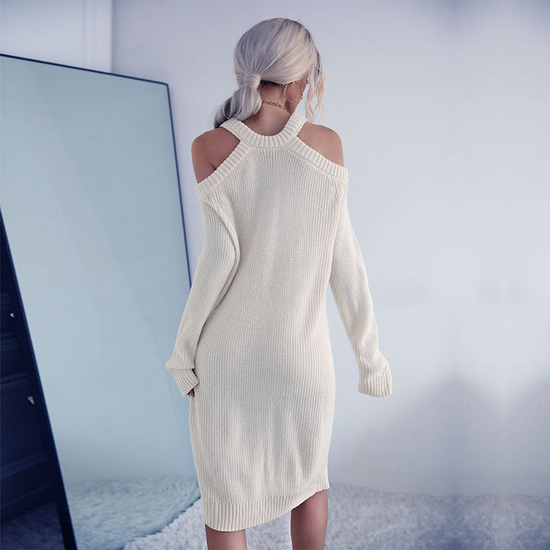 Bodycon Knit Sweater Dress with Halter Neck and Cold Shoulders