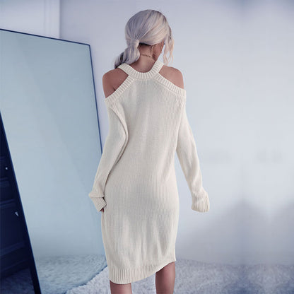 Bodycon Knit Sweater Dress with Halter Neck and Cold Shoulders
