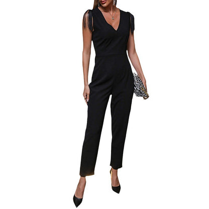 Straight-Leg V-Neck Jumpsuit with Tassel Shoulder Detail