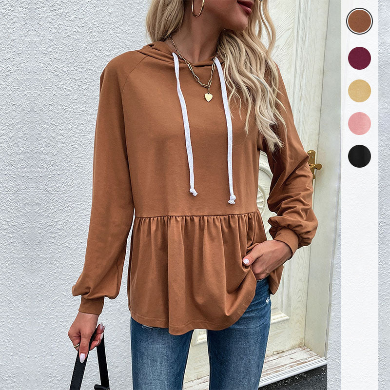 Solid Peplum Hoodie with Ruffle Hem and Drawstring