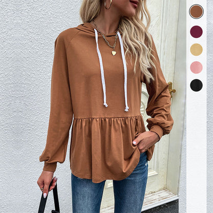 Solid Peplum Hoodie with Ruffle Hem and Drawstring