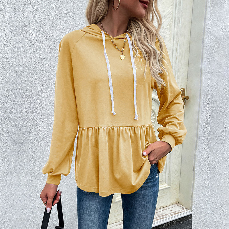 Solid Peplum Hoodie with Ruffle Hem and Drawstring