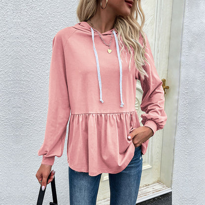 Solid Peplum Hoodie with Ruffle Hem and Drawstring