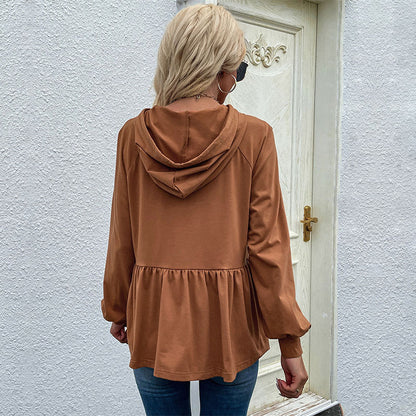 Solid Peplum Hoodie with Ruffle Hem and Drawstring